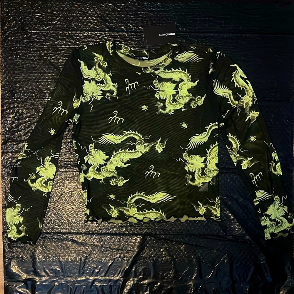 Fashion Nova Spit Flames Long Sleeve Mesh Top